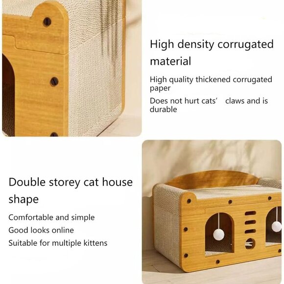 Cat Scratcher House, Cat Scratcher Board Cat Cave with Hanging Ball Toy - Picture 6 of 7